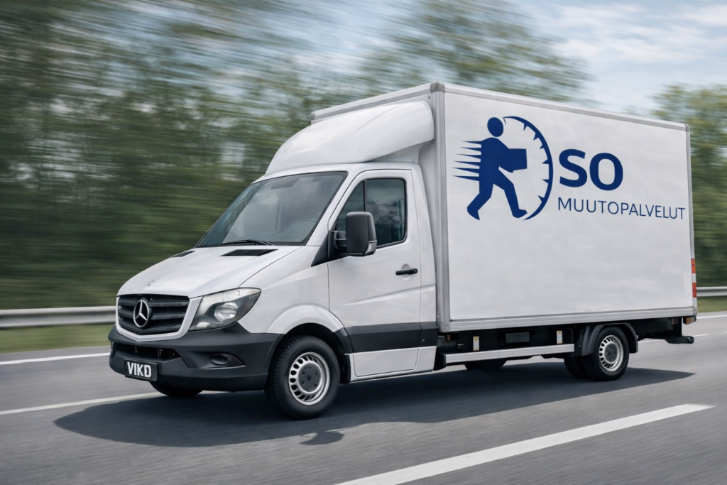 White Mercedes moving truck in motion White Mercedes moving truck in motion